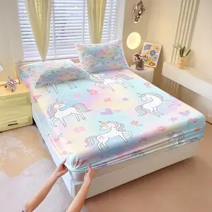 Dreamy unicorn-print fitted sheet set,Includes 1 Fitted Sheet & 2 Pillowcases without Filler,Fresh and soft,Cool Soft Sheets,Suitable as a gift for children and teenagers,The perfect bedding gift, Flower Printed Bedding