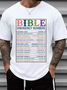 Men's Bible Emergency Numbers Jesus T-Shirt - 180GSM 100% Cotton Faith Shirt with A-Z Bible Verse Chart, Casual Round Neck Short Sleeve Tee for Church, Religious Gifts & Casual Attire