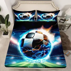 Black Blue Football Fitted Sheet,Twin Size Easy Care Bed Sheet Set,Sports Gaming Luxury Soccer Ball Game Bedding Set,Football Gift Bed Cover