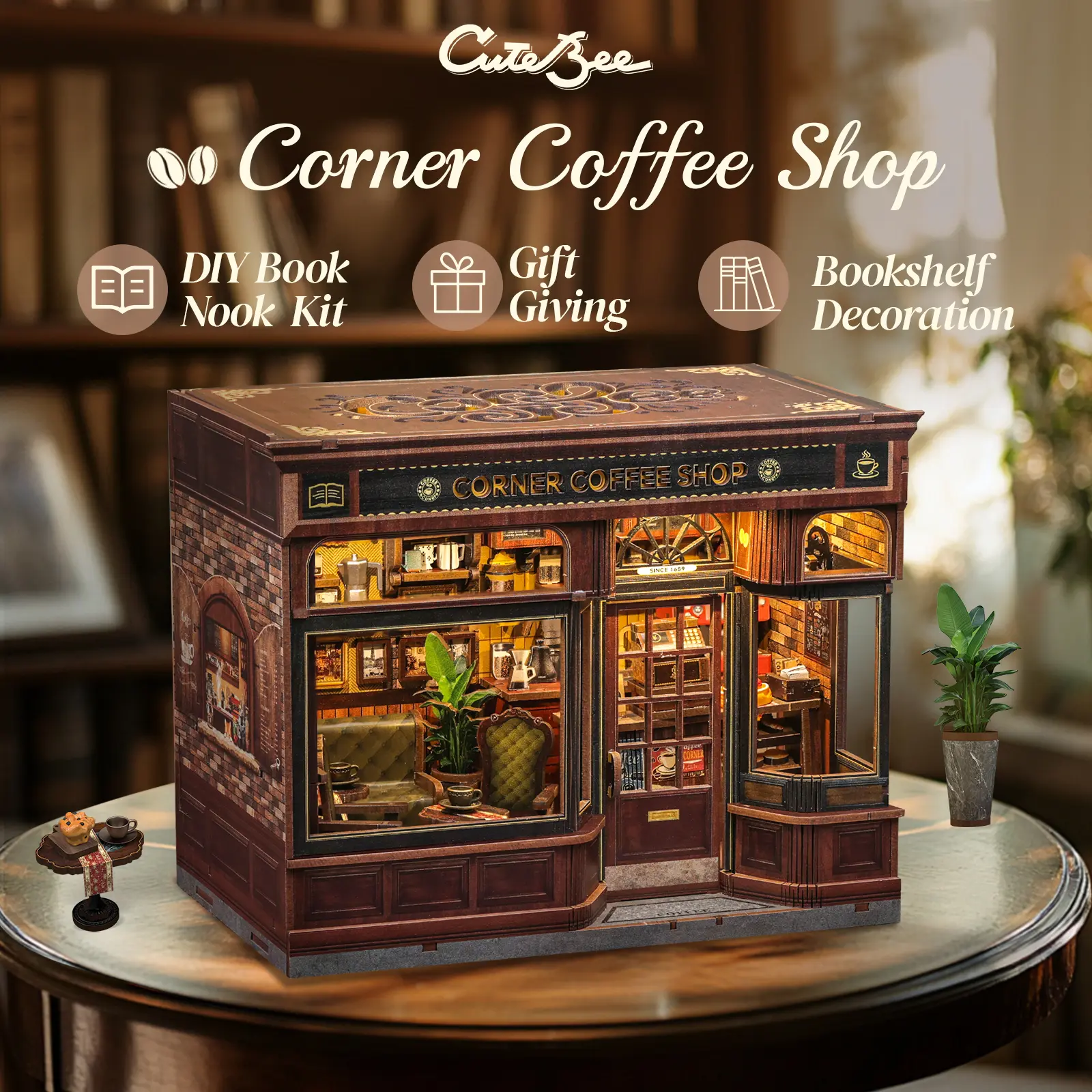 CUTEBEE DIY Dollhouse Kit Corner Coffee Shop Miniature House with LED Lights Furniture Dust Cover 3D Wooden Puzzle Craft Kit for Adults Teens Creative Hobby Home Decor Unique Birthday Christmas Gift for Women Girls Coffee Lovers
