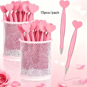 15pcs Heart-Shaped Ballpoint Pens, Elegant Pens, Rotating Button, Fine Point, Ideal for School, Office Supplies, Romantic Writing, Valentine's Day Gifts, Writing Instruments, Pen Set