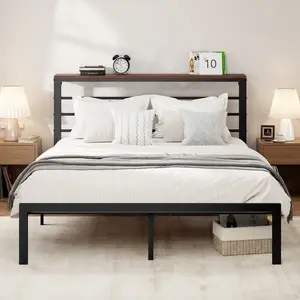 Allewie Modern Twin/Full/Queen/King Bed Frame with 4.7" Headboard Shelf,【Frame Only No Mattress】 Heavy-Duty Platform Bed Frame, No Box Spring Needed, Brown Shelf/Black Shelf,#TikTokShopBlackFriday #Christmas Gifts