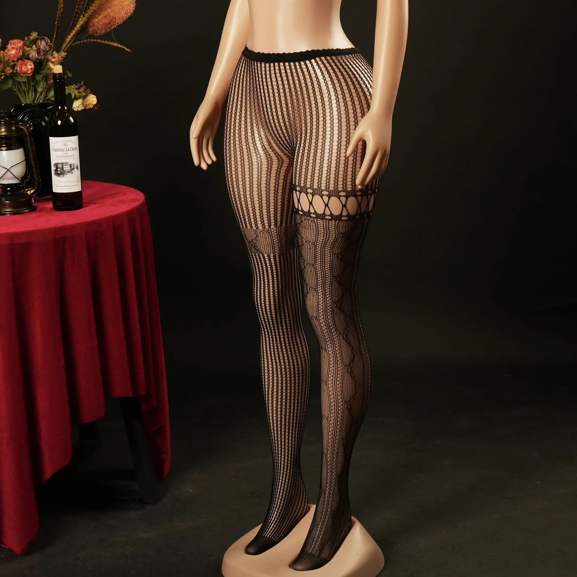 Women's Polyester/Nylon Asymmetric Mismatched Lace Fishnet Thigh-Highs - Bold Striped Jacquard, Sheer Lingerie, Reinforced Toe, Rock Chic Style, Geometric Design, Fleece-Lined, Statement Pantyhose for Party Night Wear, Black