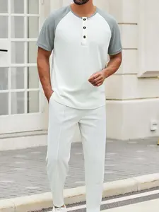 Men's 2-Piece White & Gray Loungewear Set - Raglan-Sleeve (Contrast Gray Sleeves + Button Placket) + Matching Ribbed Drawstring Pants, Ultra-Soft Breathable Fabric, Relaxed Oversize Fit, Perfect for At-Home Lounging, Weekend Relaxation & Casual Indoor