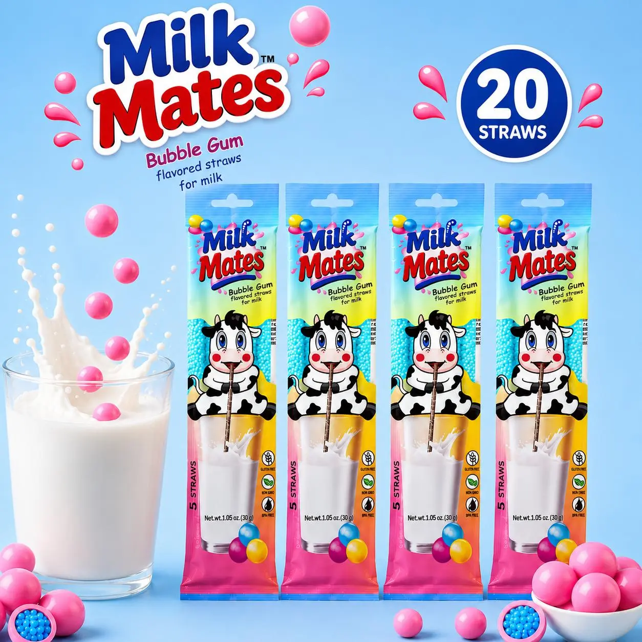 Bubblegum Milk Mild Flavor Straws – 20 Straws Total (4 Packs, 5 Straws Each), Milk Enhancer Straws for Kids & Adults, No Powder, No Mess, Perfect for 7 oz Glass of Milk, Fun & Easy Way to Enjoy Milk
