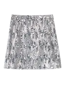 Fashionable Elegant Silver Color Sequin Embroidered Velvet Skirt, Slim Fit Short Skirt for All Seasons, Chic Style for Modern Women