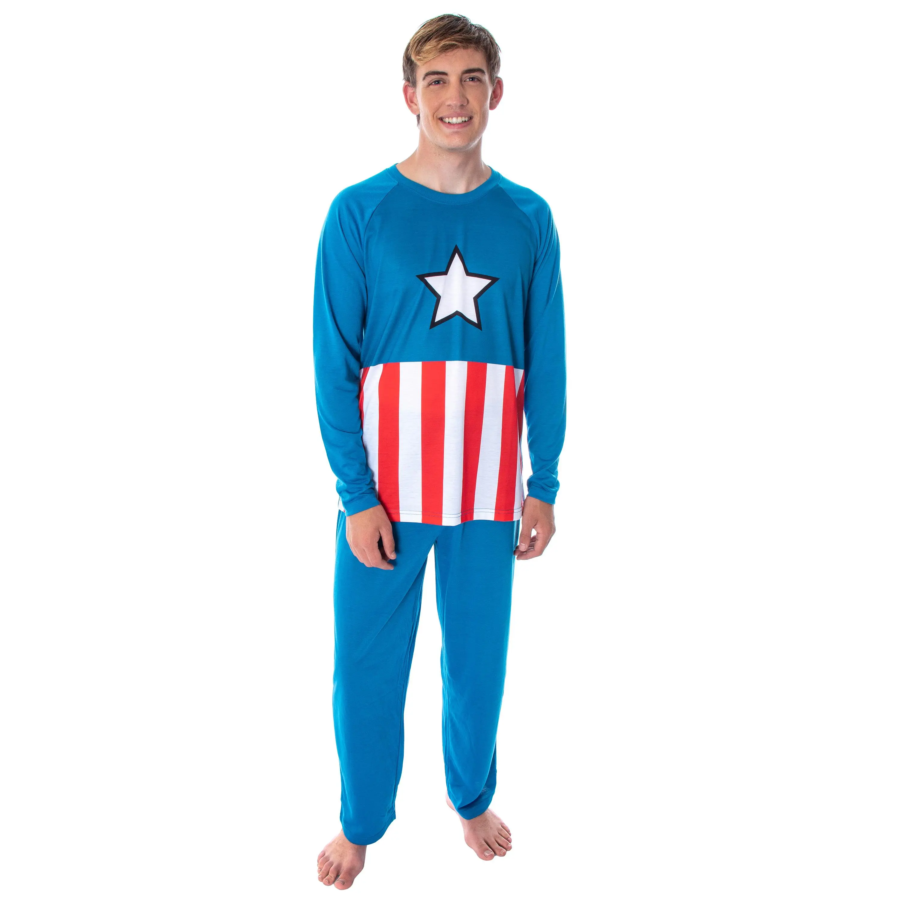 Marvel Men's Captain America Vintage Superhero Costume Raglan Top And Pants 2 Piece Pajama Set