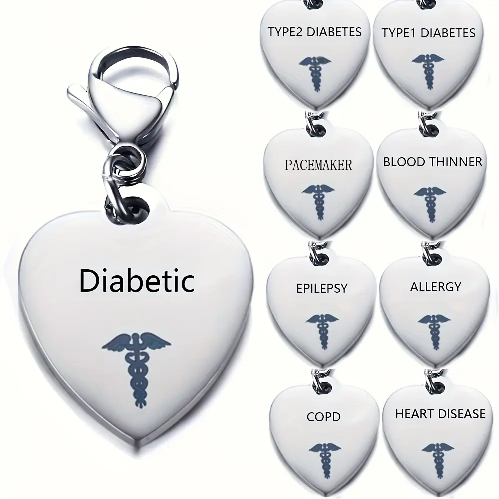 Personalized Heart Tag Stainless Steel Medical Alert Keyring Pendant - Engraved Type 1 Diabetes Symbol, Hypoallergenic, Durable, Easy to Clean, Ideal Gift for Diabetic Men, Customized, Durable Steel Tag, Engraved Tags