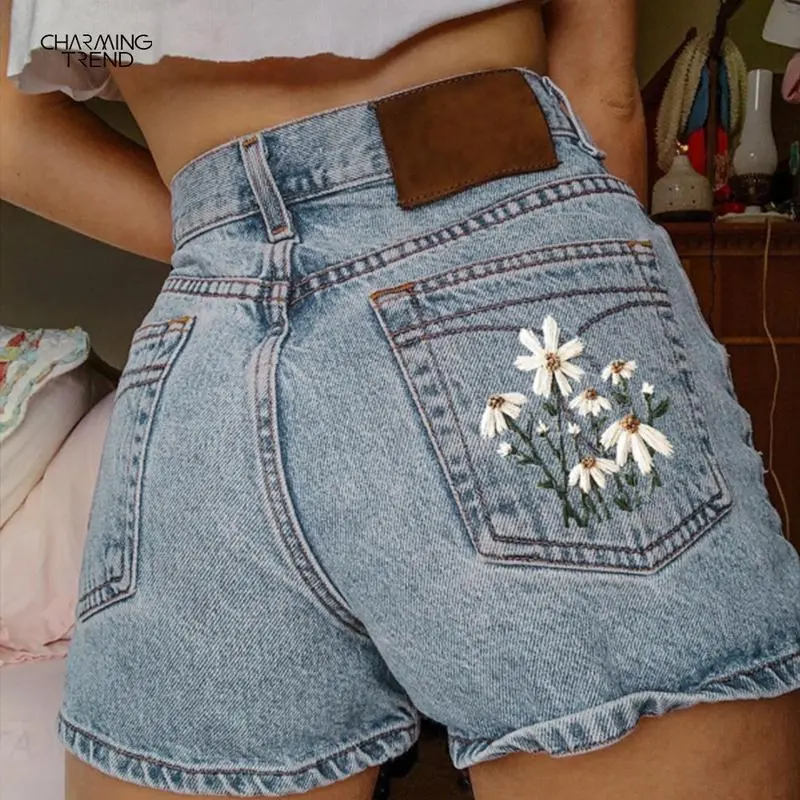 Women's High-Waisted Retro Patterned Ripped Stretch Denim Shorts with Zipper, Summer Shorts for Women, Sports & Outdoor Womenswear Fashion Gift For Her