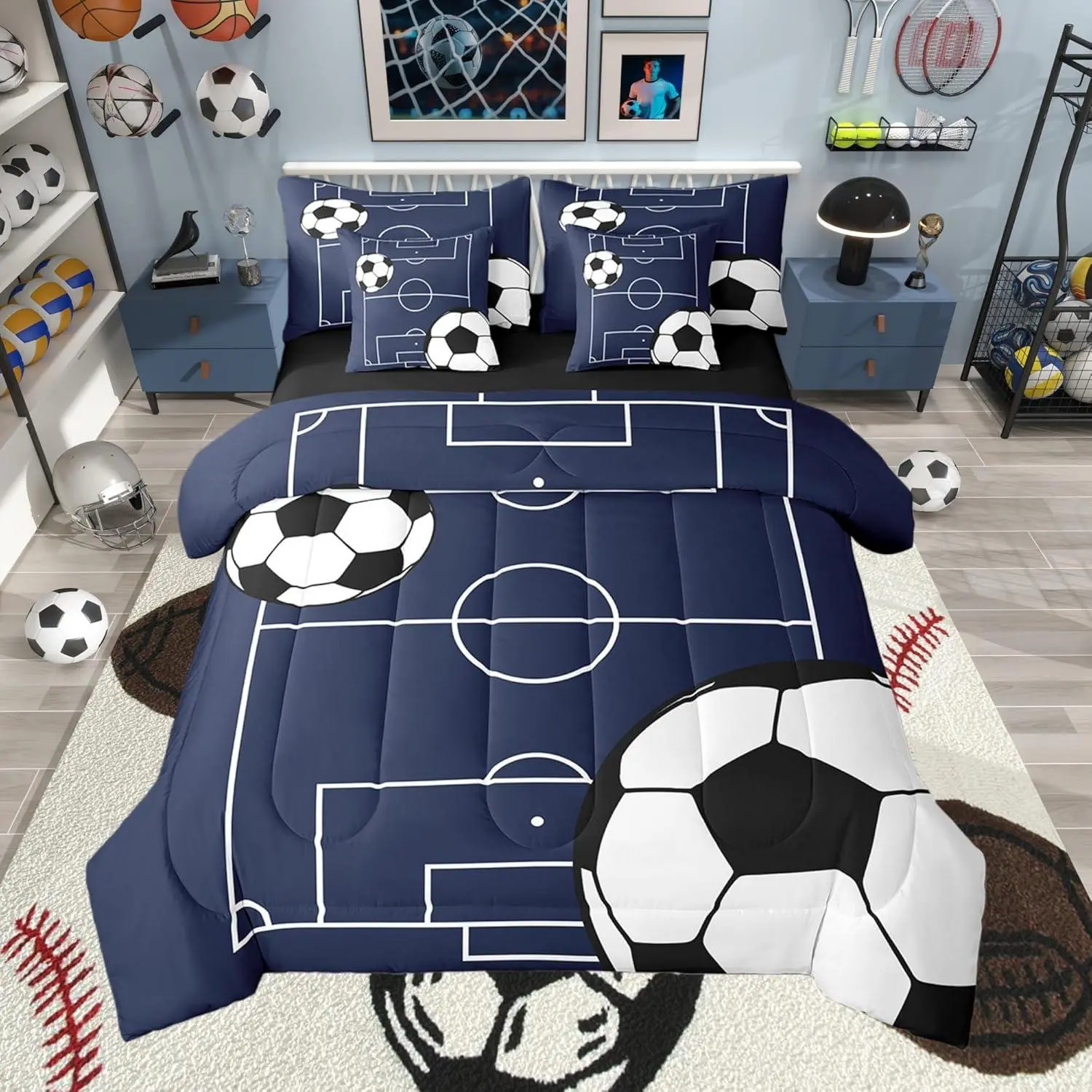 7-Piece Microfiber Quilt Bedding Set, Soft Breathable Digital Print Soccer Sports Theme Bed-in-a-Bag for Kids, Queen Bedding Sets with Multi-Size Fitted Sheet, Flat Sheet, 2 Pillowcases, 2 Throw Pillow Covers, Soft Bed Blanket, Matching Bedding, Kids Room