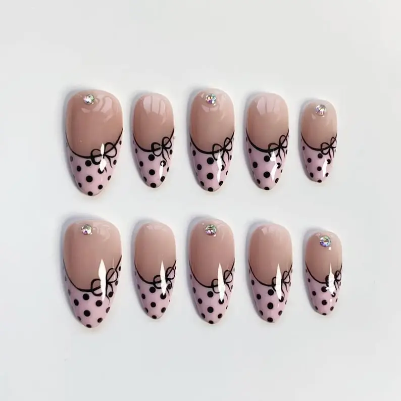 Pink French Press on nails long almond nails polka dot nails/Elegant nails/Bow nails/Birthday nails/Pink Nails/Cute Nails/Custom Nails
