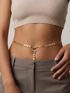 Bow CZ Belly Button Ring with Disc Waist Chain for Women Dangle Gold Silver Navel Piercing Sexy Stomach Belly Chains Body Chain Adjustable Waist Jewelry Summer Beach Bikini Accessories