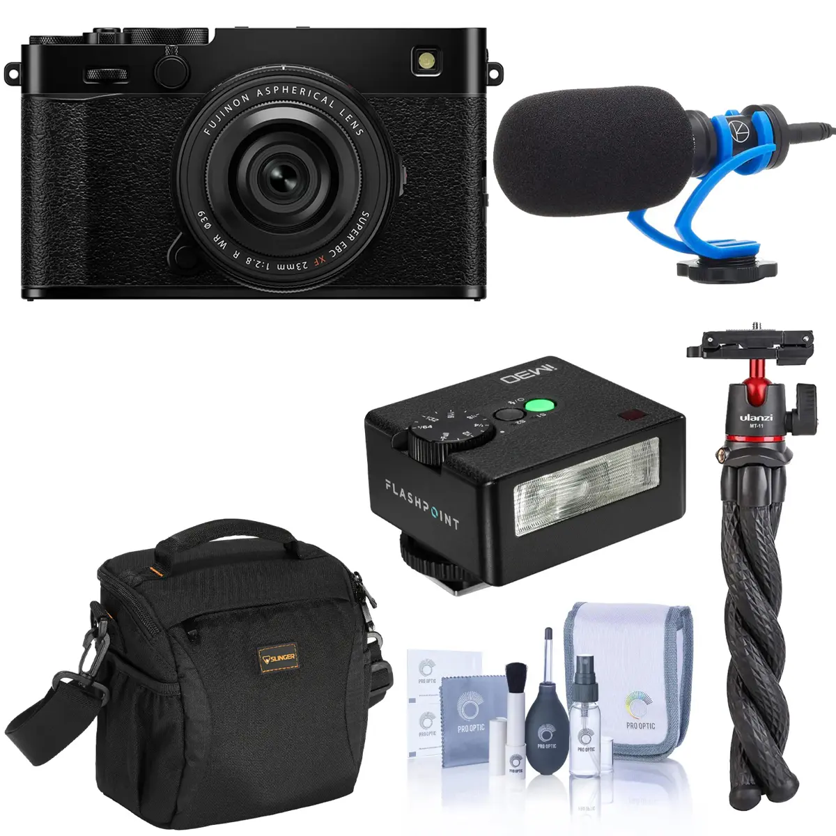 Fujifilm X-E5 Mirrorless Camera with XF 23mm f/2.8 R WR Lens, Black, Bundle with TASC300 Microphone, MT-11 Tripod, iM30 Mini Flash, Shoulder Bag and Cleaning Kit