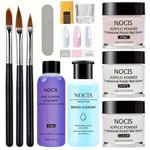 3Pcs Acrylic Powder Set, Professional Nail Extension Kit with Liquid Monomer & Brush Cleaner, DIY Nail Art Tools for Beginners, Salon-Quality Manicure at Home