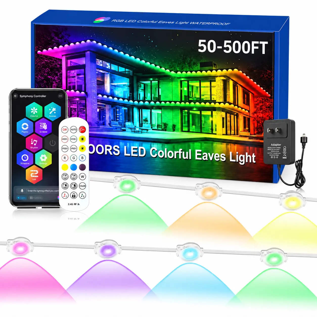 Smart Permanent Outdoor Lights, 50FT-500FT RGBIC Eaves LED Lights, IP67 Waterproof, Bluetooth APP & Remote Control, Music Sync, Custom Scene Modes for House, Patio, Halloween, Christmas & Holiday Decor