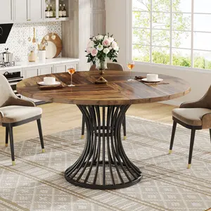 Tribesigns Round Dining Table for 4-6 People, 47-Inch Farmhouse Dinning Room Circle Kitchen Table, Industrial Dinner Table with Metal Base for Kitchen, Living Room, Black and Brown