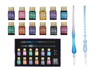 Glass Pen & Ink Set – 2 Stunning Glass Dip Pens + 12 Vibrant Inks – Perfect for Calligraphy, Drawing & Gifting