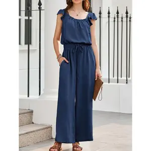 Women'S Casual Summer Square Neck Ruffle Sleeve Romper with Drawstring Waist & Pockets, Ladies Jumpsuits S-2XL