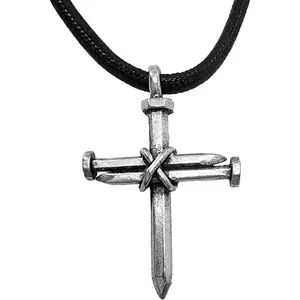 Antique Nail Cross Necklace - 3 Common Nails Forming a Cross Pendant with Center Wire Wrap - 1-1/4" Tall x 5/8" - Cast in Antique Pewter - Made in USA Black Leather Choker