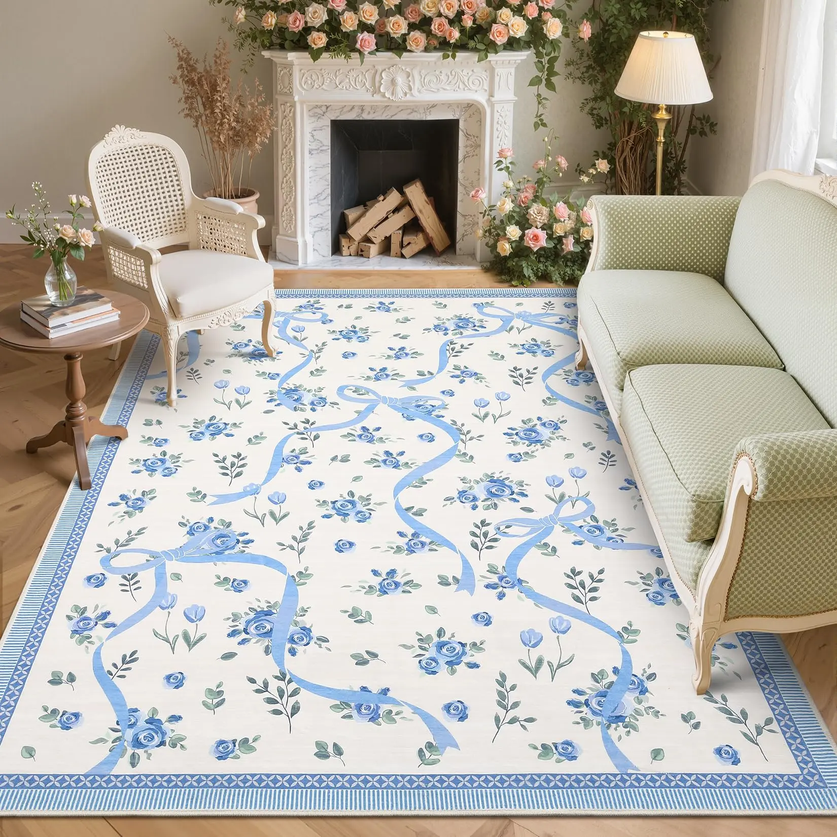 GARVEE Modern Bowknot Printed Area Rug for Bedroom, Living Room, Bathroom - Blue Beige Soft Indoor Carpet, Low Pile, Washable, Foldable, Non-Shedding, 10x13 ft Room Decor