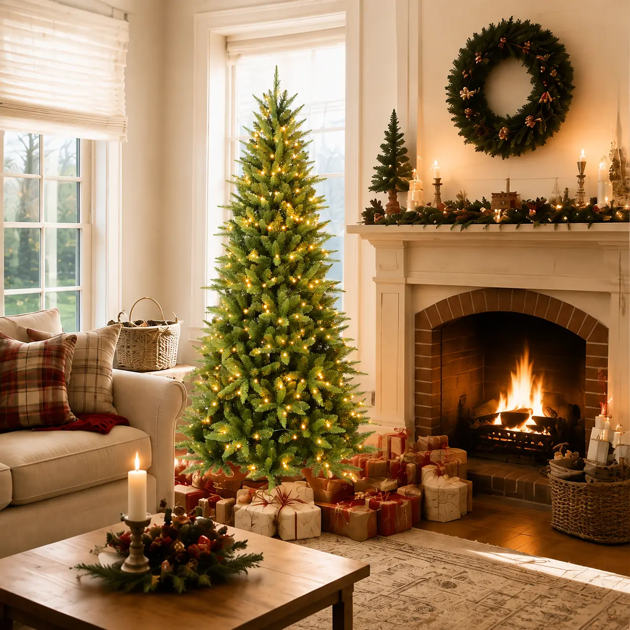 7ft slim Fraser Fir Christmas tree pre-lit with 400 warm white lights featuring 1,180 realistic full tips and a sturdy metal stand easy to set up
