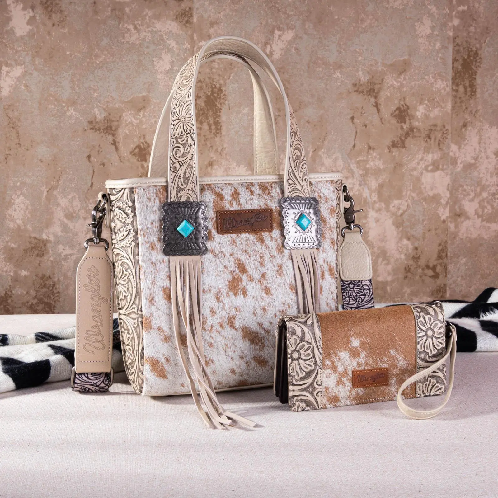Wrangler Cowhide 2 PCS Set Top-Handle Tote&Wristlet for Women