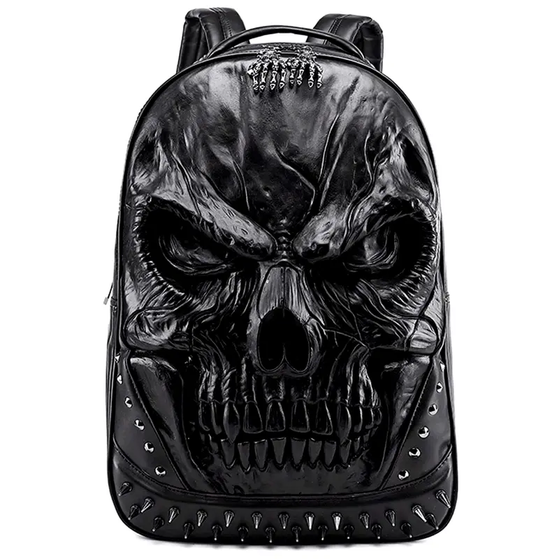 XUANNIAO 3D PU Leather Skull Backpack - Steampunk Rivet Design TSA- Laptop Backpack, 15.6 Inch Computer Bag with Adjustable Straps & Skull Pulley, Gothic Travel Backpack for Men & Women (Black), Durable Zipper Closure