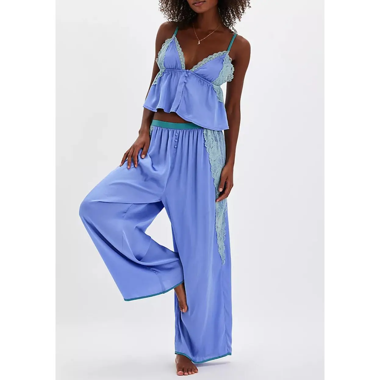 Women's 2-Piece Polyester Lace Pajama Pants & Top Sets, Sleeveless Spaghetti Strap Ruffled Cami Tops with Loose Loungewear Sleepwear