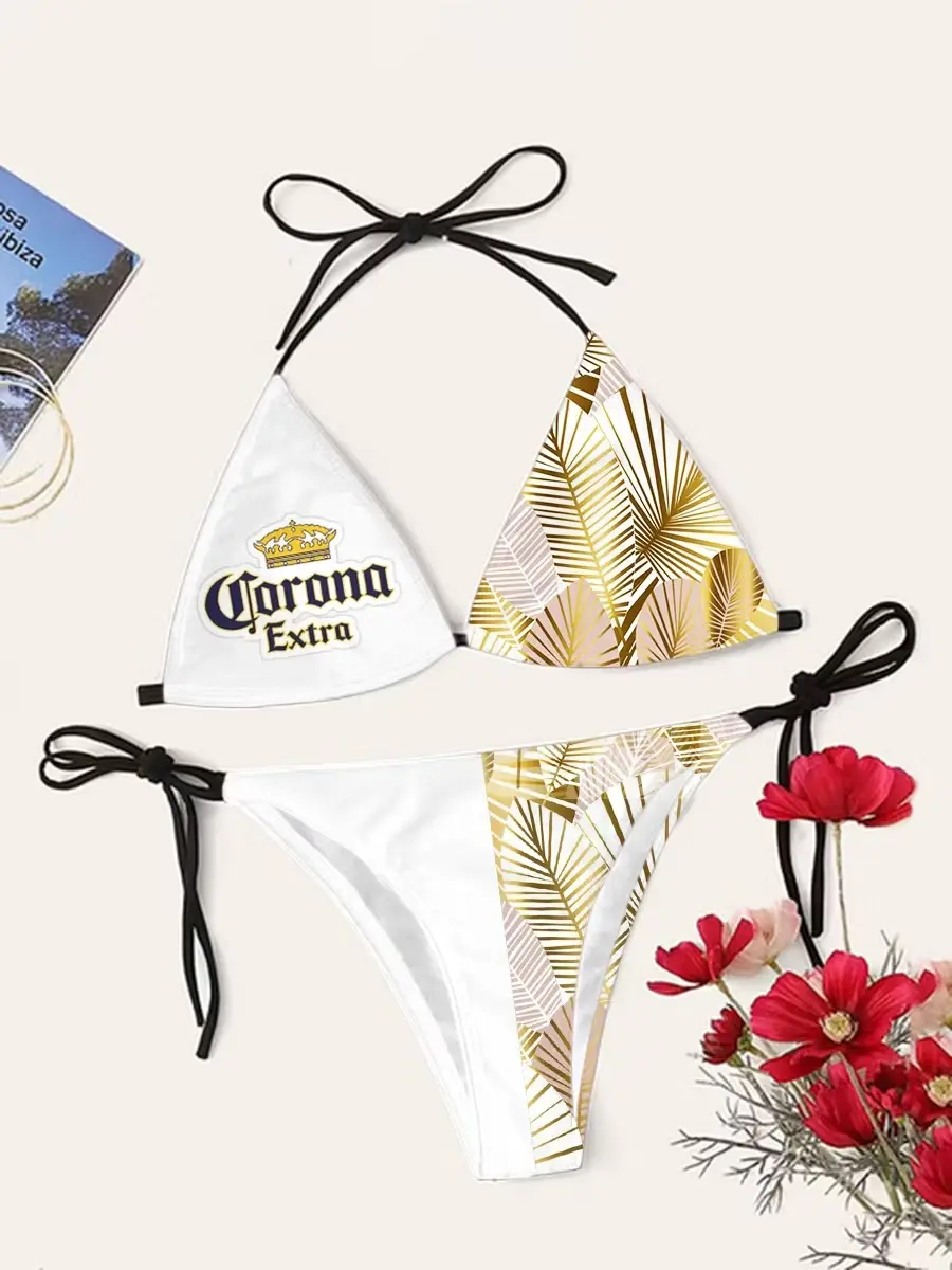 Tropical Leaf Bikini  White Gold Palm Print Triangle Two Piece Swimsuit