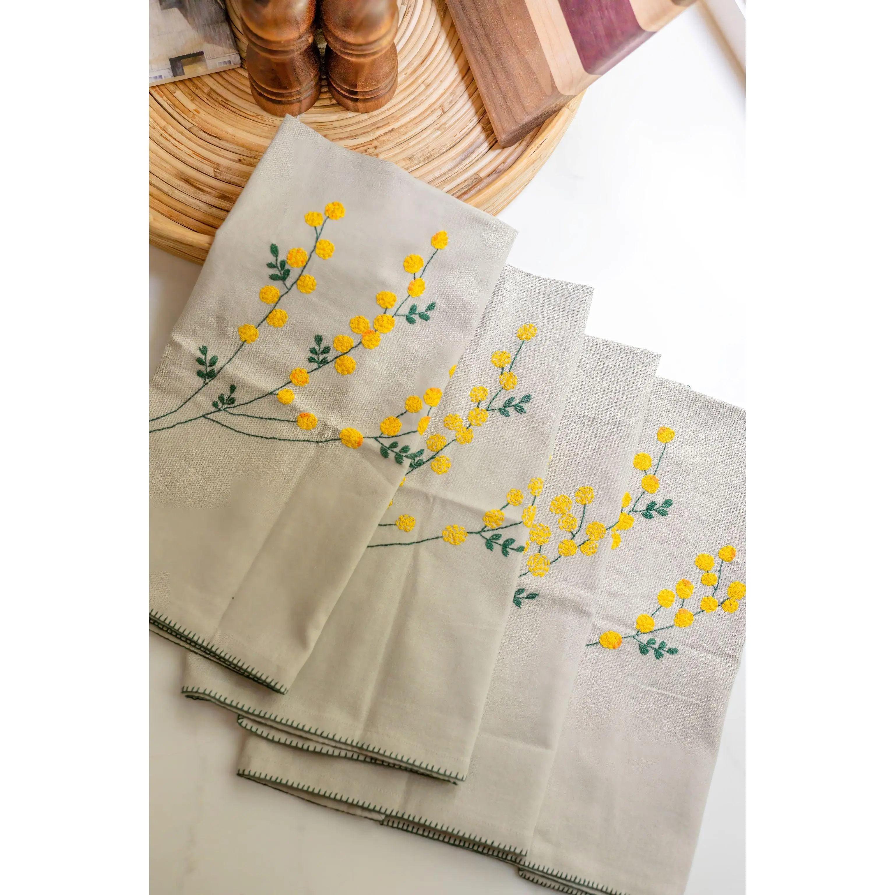 Golden Mimosa 'Embroidered' Tea Towels  ( Set of 2)