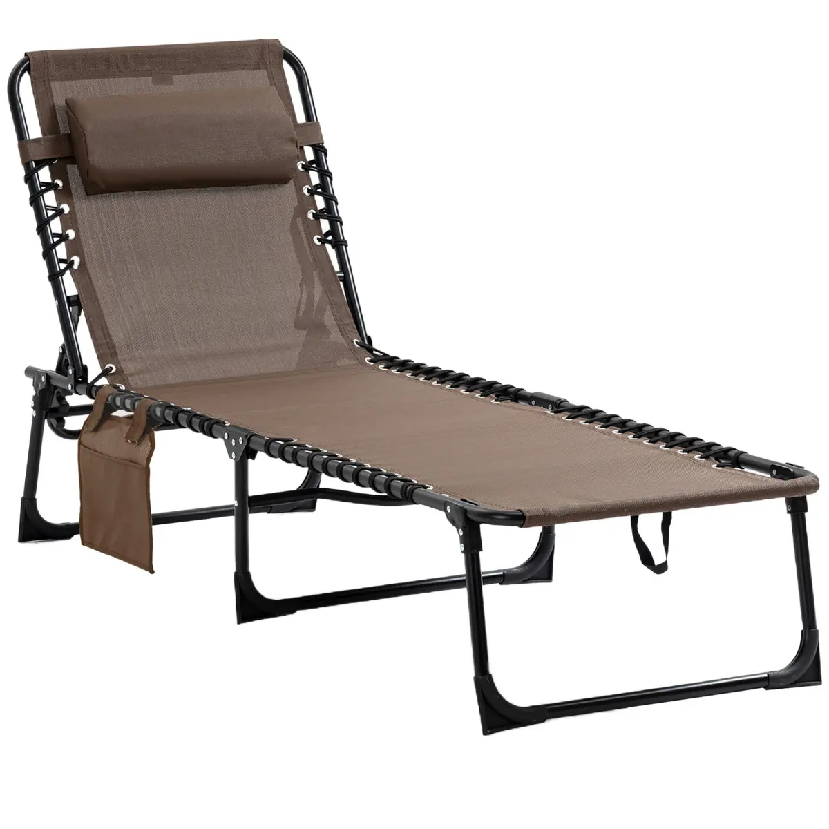 Outsunny Reclining Outdoor Patio Lounge Chair - Ergonomic Mesh Fabric Deck Chair with Collapsible Stable Frame, Compact Design, Removable Pillow, Non-Slip Footpads, Portable, Multifunctional for Lounge Pool Relaxing, Brown