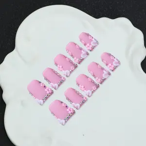 10 pcs/set of handmade duckbill nail tips, Y2K Baddie style, with French nail tips, flowers, crosses, rhinestone design, Acrylic gel system, 4 sizes, suitable for gatherings, daily wear, including toolkits, gifts for women and girls, Acrylic Fake Nails