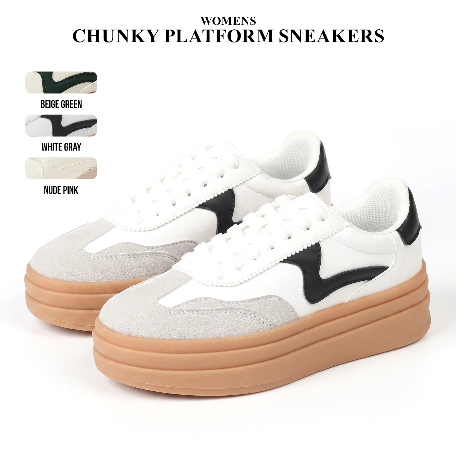 Womens Fashion Platform Sneaker Round toe Colorblock Trainer Classic Walking Shoe Chunky Platform Heel Vintage leature Lace up Thick Sole Comfortable tennis Outdoor Casual Streetwear shoe