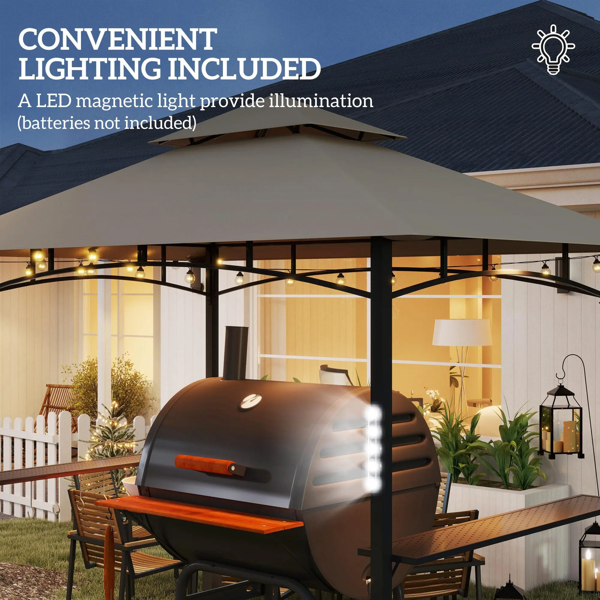 【Grill Gazebo with 8 LED Lights】Outsunny 8' x 5' Grill Gazebo, Double Tiered Outdoor BBQ Gazebo with LED Light, 2 Side Shelves, Hooks and Bottle Opener for Patio Deck Yard, Khaki