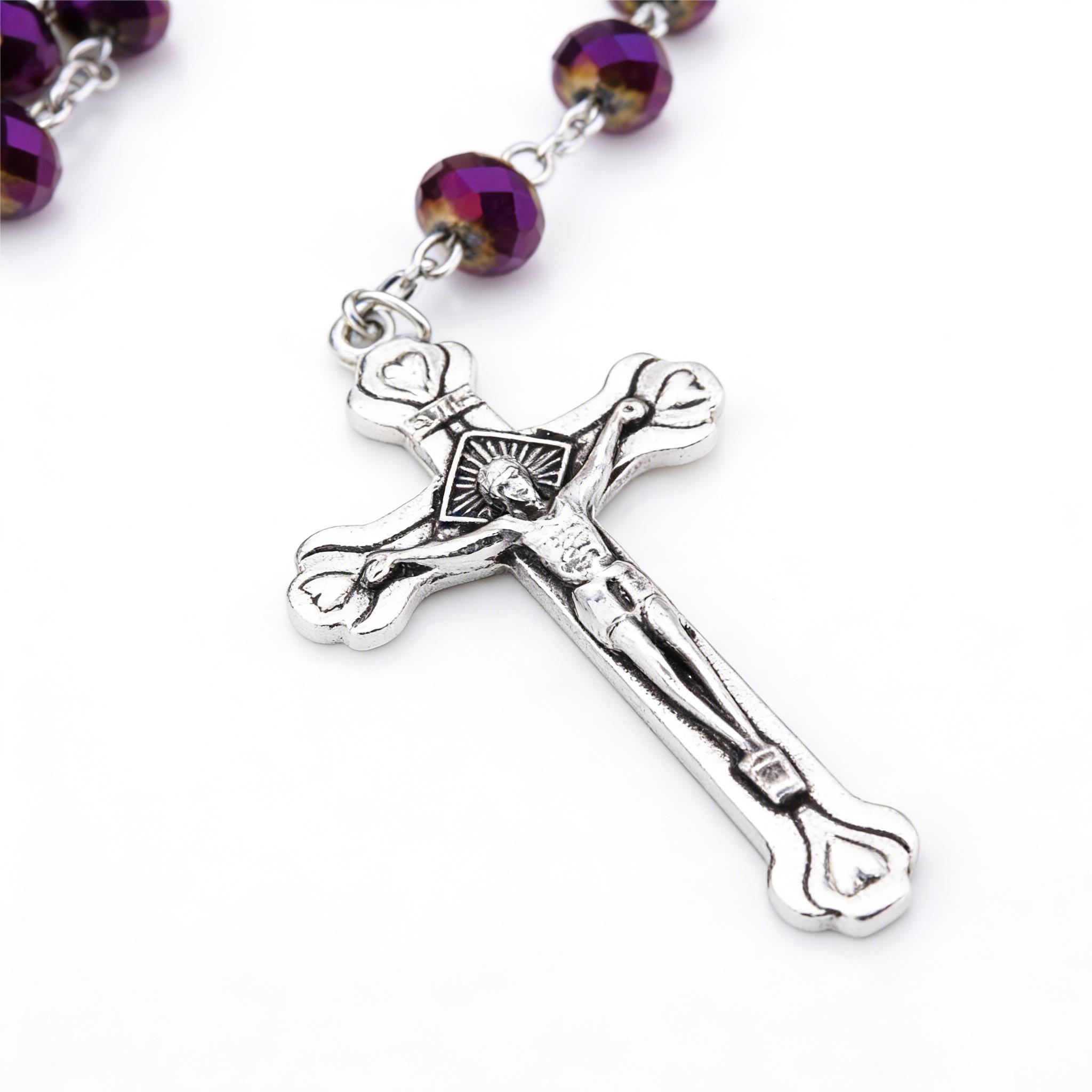 Y2K Purple Crystal Rosary Necklace | Silver Crucifix Prayer Beads | Christian Faith Jewelry for Women & Religious Gifting