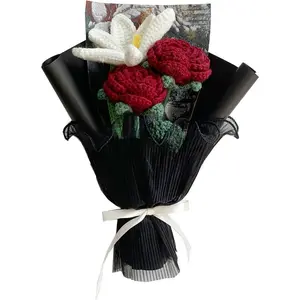 Crochet Flowers,dark colored Crochet Flower Bouquet,Finished Handmade Flowers,Roses,Tulip,for Valentines Day Mother's Day Birthday Wedding Teacher’Day Gift and Home Decor and Desk Decoration