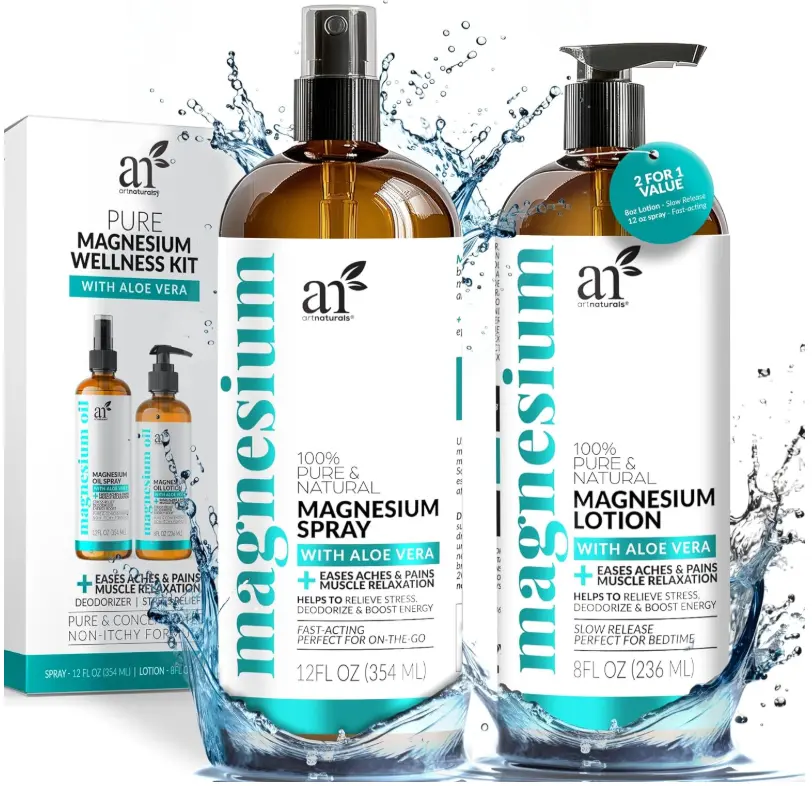 ArtNaturals Magnesium Oil Spray 12 oz + Body Massage Lotion Set 8oz for Feet & Sleep - Extra Strength Cream Ultra-Pure, Relief & Relaxation, Muscle Health Leg & Joint Care Topical Non Itch