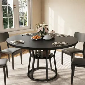Garvee 47.2 Inch Round Dining Table for 4-6 People - Farmhouse Kitchen Table with 2-Tier Storage Shelf & Circle Metal Base, Circle Dinner Table for Dining Room, Living Room, Apartment (Black)