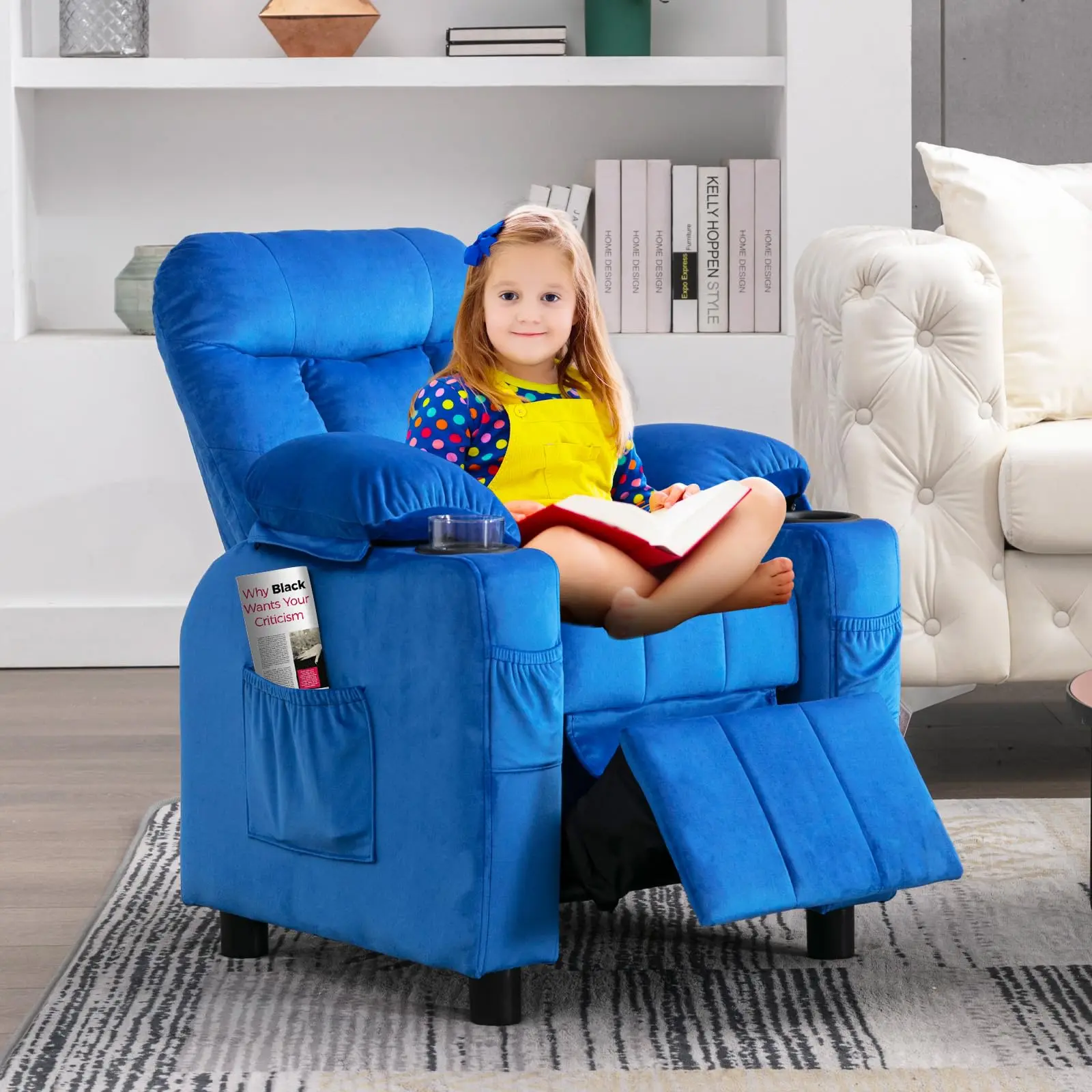 Kids Recliner Chair with Cup Holder, Ergonomic Design Reclining with Footrest Armchairs, Push-Back Footrest, 2 Front Pockets, Sturdy Solid Wood Frame, Furniture for Bedroom for Toddlers