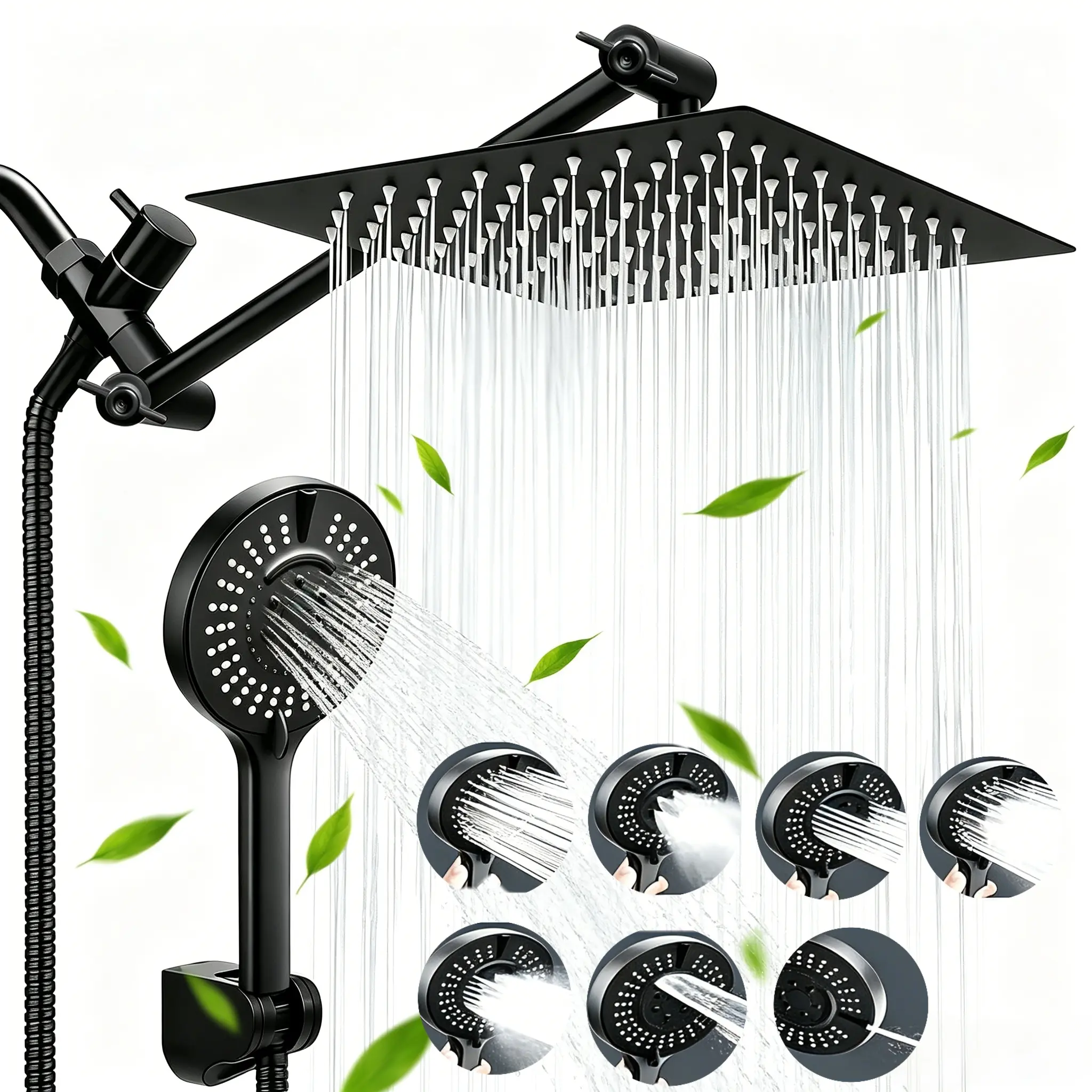 High-pressure rain shower head/handheld shower head combination, "extension arm, 3 water dividers with leak-proof shower head, with wall-mounted shower bracket, adjustable height/angle, matte black/silver tandem showerhead system