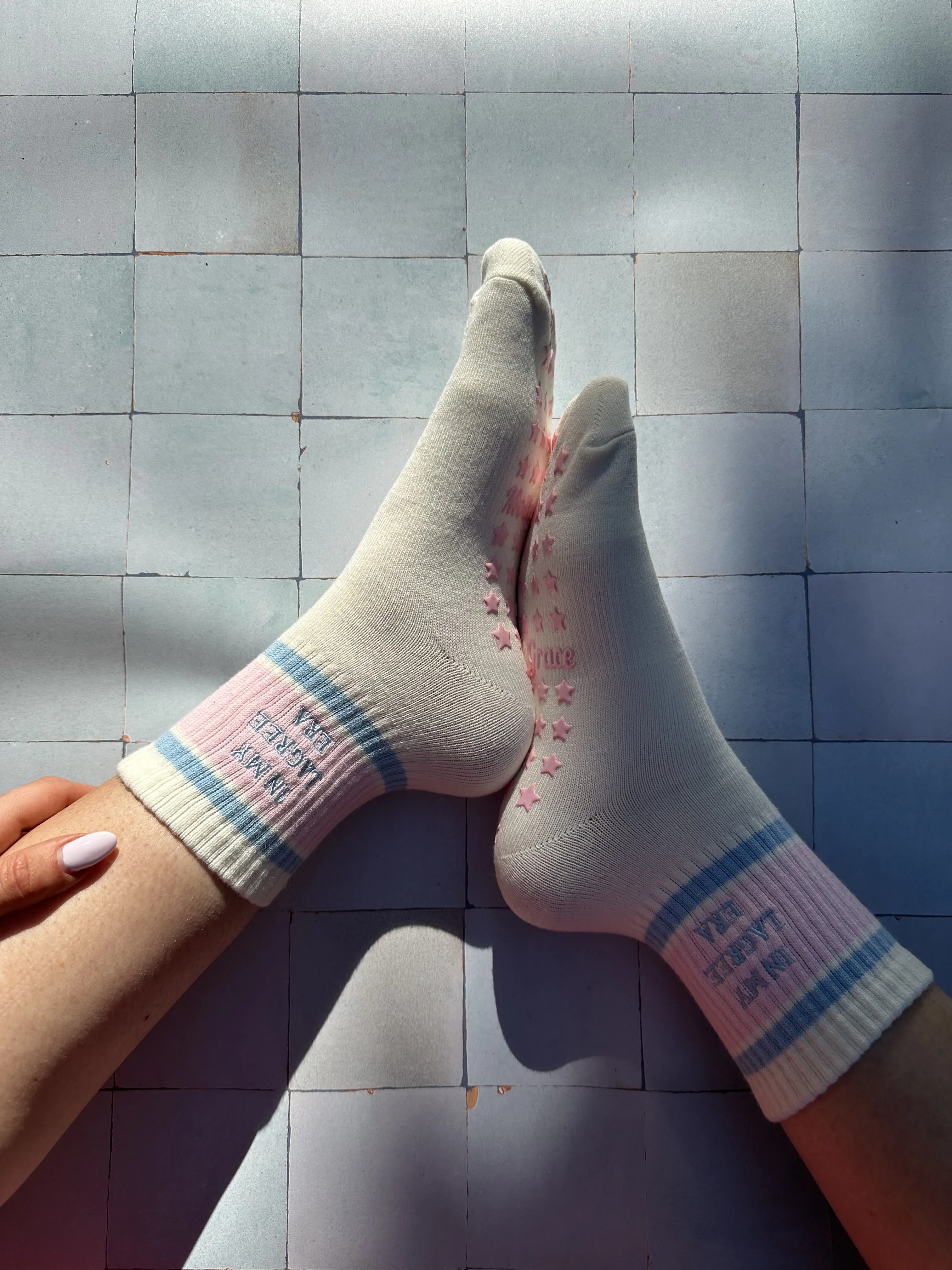 In my Lagree era retro pink & blue non slip grip socks with pink star grips