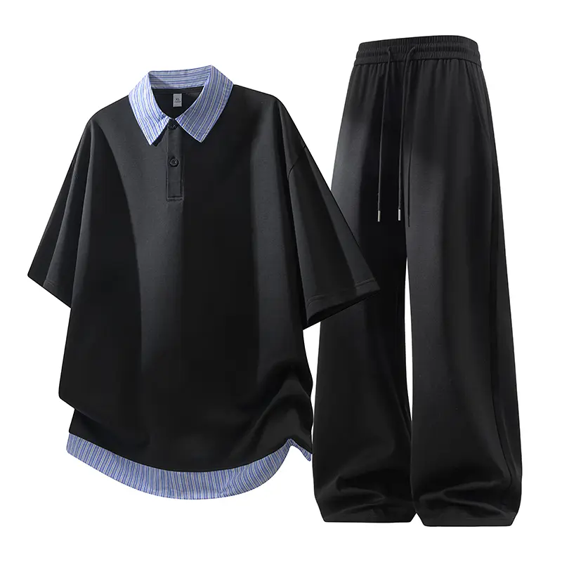 New summer men’s two-piece set featuring a polo shirt and wide-leg pants. Korean-style loose fit, casual style, mature and refined look, cool and breathable for comfort, suitable for everyday commuting. Summer Wins