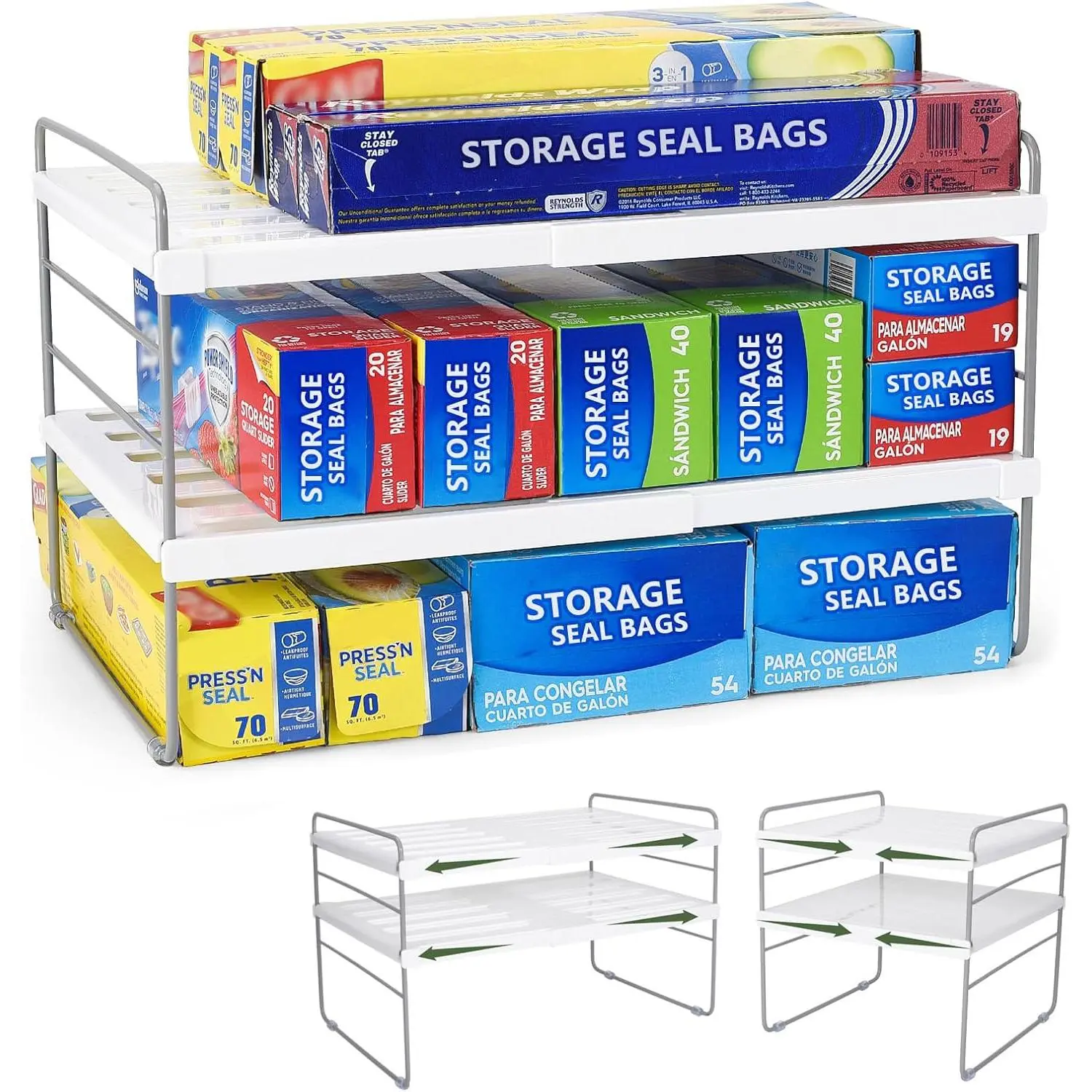 Pantry Organization and Storage for Kitchen - Expandable Kitchen Wrap Box Organizer Rack, Foil Organizer for Cabinet & Counter, Height & Width Adjustable Cupboard Storage Rack - (3 Tier 9.8 to 15.6"L)