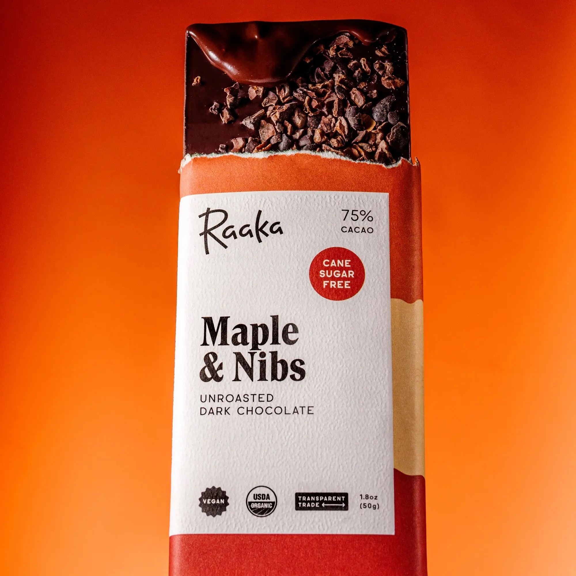 Raaka 75% Cacao Maple & Nibs Dark Chocolate Bar - Organic Cacao Beans, Maple Sugar, Crispy Crunchy Texture, 4g Fiber per Serving