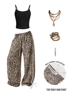 Women's Summer Casual Slim Fit Sleeveless Tank Top + Leopard Print Long Pants Set, Soft Comfortable Home Wear, Essential Leopard Print