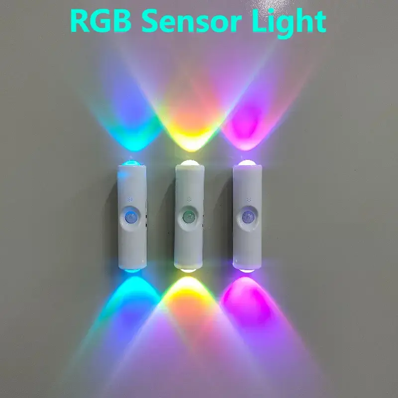 [3/4pcs RGB Motion Sensor Light] 3/4pcs RGB Adjustable Smart Motion Sensor Wall Light | LED Motion Sensor Light, White USB Rechargeable Bedside Night Light for Bedroom, Corridor, Staircase, Office Ambient Lighting