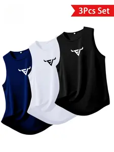 Men's Breathable Polyester Sports Vest Set, Geometric Pattern, Loose-Fitting Sleeveless Training Top, Casual Gym Wear, Gym Workout Wear, All Seasons, Sports Fitness Vest, Athletic Workout Clothing, Casual Sporty Vest