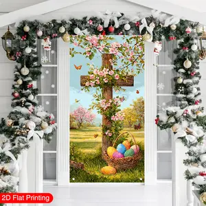 2D flat, 1 Easter door curtain, cross and Easter egg background themed door curtain, door curtain decoration banner, door hanging backdrop, indoor and outdoor party supplies, spring decoration, outdoor flag, size 35.4x70.8 inches