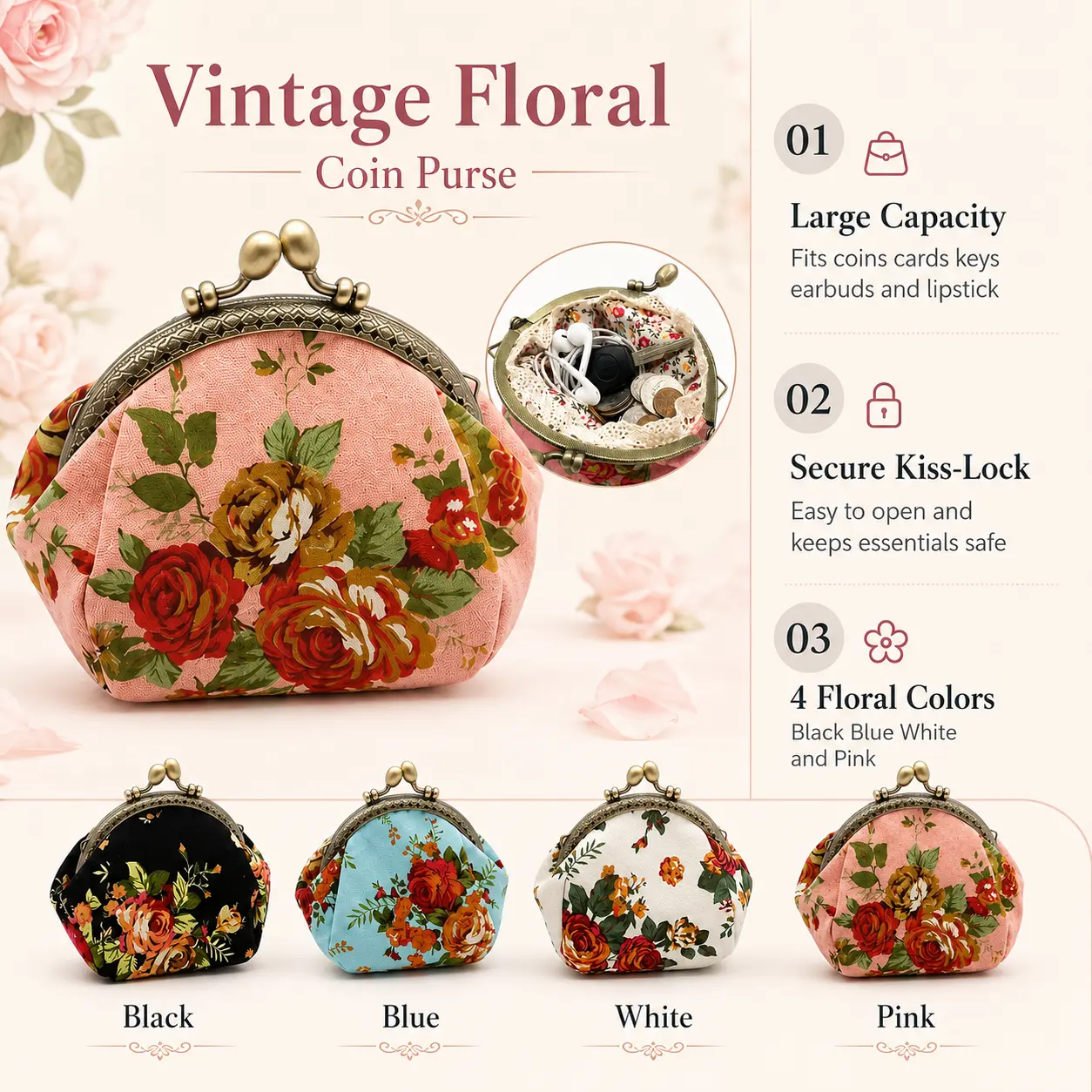 Women's Vintage Mini Retro Flower Pattern Kiss-Lock Fashion Handbags Wallet - Lightweight Opaque Carry-On Pouch, Card Handling Women's Wallet for Daily Commuting, Fashion Wallet Coin Purse