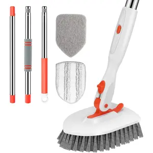 Floor Scrub Brush, 3-In-1 Tile Tub Floor Scrubber with 52-inch Adjustable Long Handle Shower Cleaner Brush and 3 Detachable Replacement Brush Heads For Cleaning Bathroom, Kitchen Walls, Tub, Tile
